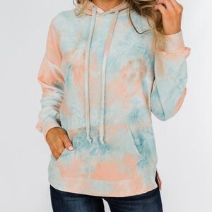 Pulse Boutique. Cotton Candy Dreams Tie Dye Hoodie- Peach & Blue size XS